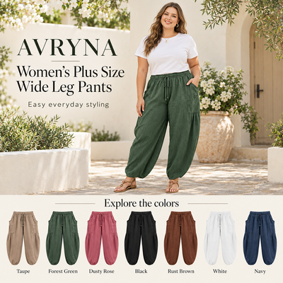 Avryna Womens Plus Size Wide Leg Pants Elastic Waist Drawstring Casual Palazzo Pants Cotton Lounge Trouser with Pockets
