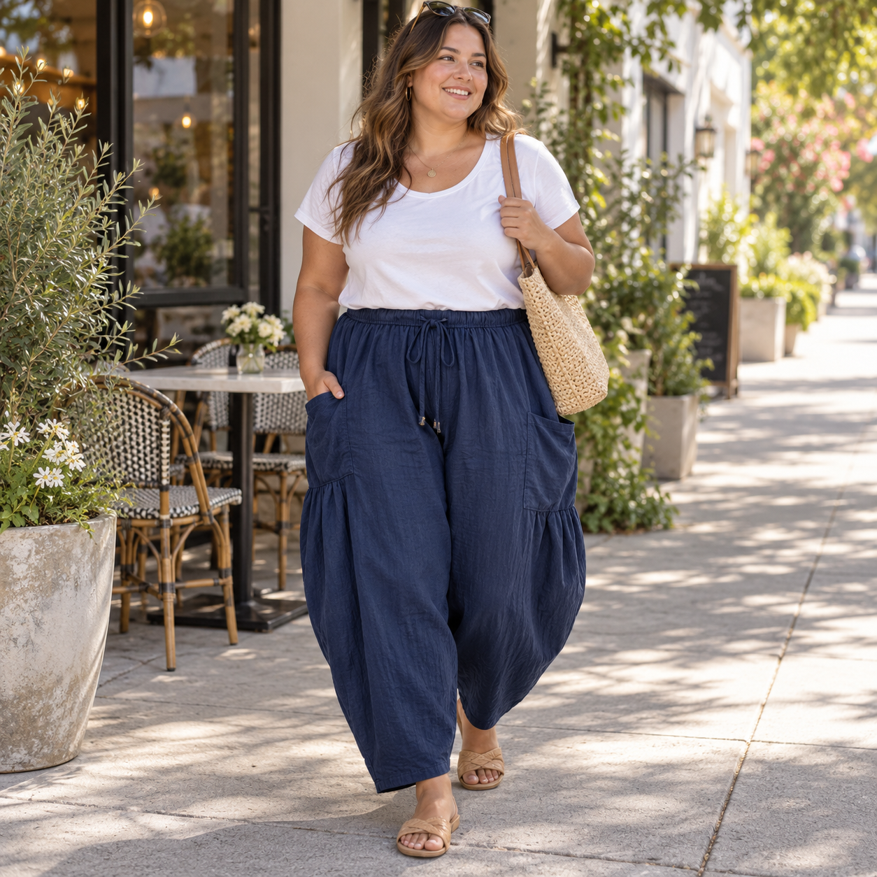 Avryna Womens Plus Size Wide Leg Pants Elastic Waist Drawstring Casual Palazzo Pants Cotton Lounge Trouser with Pockets